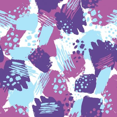 Vektör renkli Dikişsiz desen fırça darbeleriyle ve nokta. beyaz zemin üzerine mavi menekşe rengi. Grange doku el boyalı. Mürekkep geometrik öğeleri. Moda modern tarzı. Olağandışı