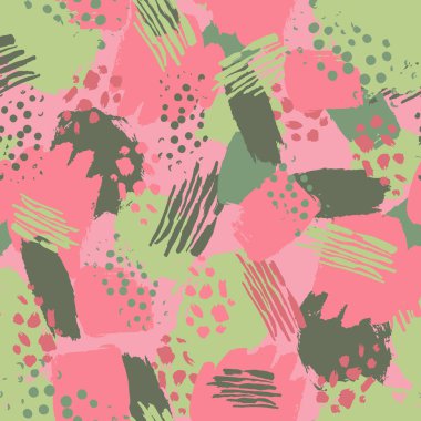 Vektör renkli Dikişsiz desen fırça darbeleriyle ve nokta. Pinky arka plan üzerinde pembe yeşil renk. Grange doku el boyalı. Mürekkep geometrik öğeleri. Moda modern tarzı. Olağandışı