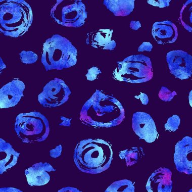 fırça daire ve nokta ile Seamless modeli. Mor zemin üzerine mavi sulu boya rengi. Grange doku el boyalı. Mürekkep geometrik öğeleri. Moda modern tarzı. Sonsuz kumaş baskı.