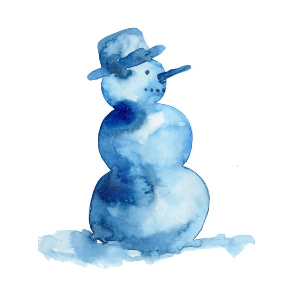 Aquarel illustratie met kerst sneeuwpop in blauwe kleur. Nieuwjaarsvakantie symbool geïsoleerd op witte achtergrond. Sneeuwpersonage met wortel en hoed. Handgeschilderd element voor kaart — Stockfoto