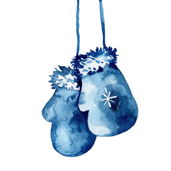 Watercolor hand painted mitten illustration in blue color. Wool glove for winter season. New year celebration object for print, card, concept. Christmas art element isolated on white background. — 스톡 사진