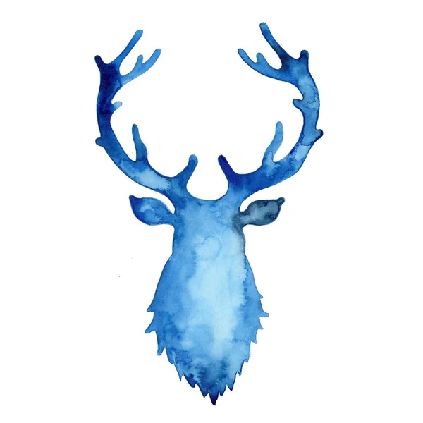 Akvarell siluett av rådjur i blå färg. Djurhuvudmålning. Stag och horn jul illustration isolerad på vit bakgrund. Dekorativ nyårssymbol för tryck, dekor, mönster. Ren. — Stockfoto
