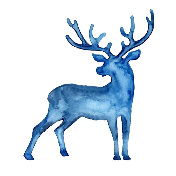 Akvarel plná silueta jelena v modré barvě. Malování zvířat. Jelení a paroží vánoční ilustrace izolované na bílém pozadí. Dekorativní novoroční symbol pro tisk, dekor, vzor. Sobi. — Stock fotografie