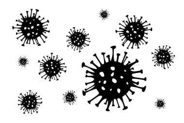 Coronavirus siyah vektör arka planı. 2019-ncov bakterisi beyazda izole edildi. Covid-19 Wuhan Corona virüs işareti. Sars pandemik konsept sembolü. Çin. Sağlık sigortası.