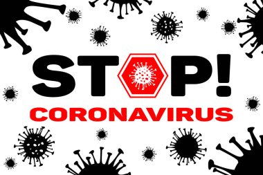 Tehlikeli Coronavirus vektör duvar kağıdını durdurun. Beyaz arka planda 2019 ncov bakterisi. Covid-19 Wuhan Corona virüsü pandemik konsept sembolü. Çin. İnsan sağlığı ve sağlık