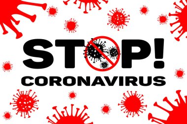 Tehlikeli Coronavirus vektör duvar kağıdını durdurun. Beyaz arka planda 2019 ncov bakterisi. Covid-19 Wuhan Corona virüsü pandemik konsept sembolü. Çin. İnsan sağlığı ve sağlık