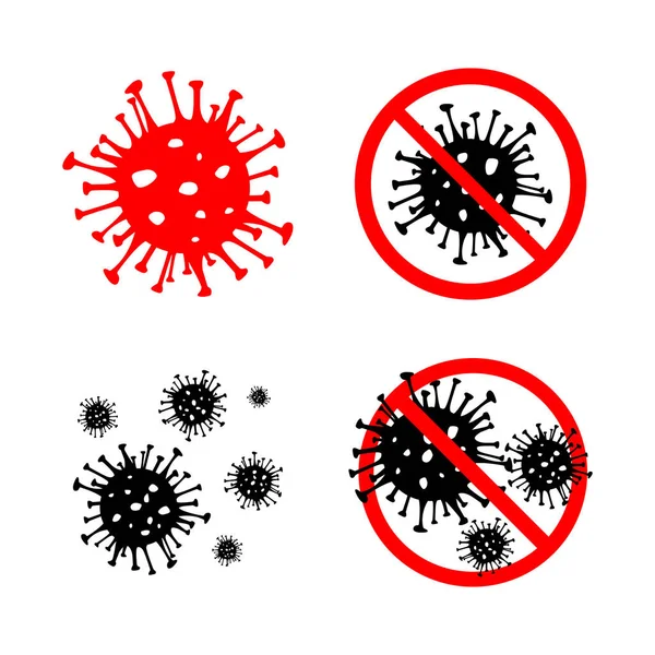 Set dari 4 Dangerous Coronavirus merah dan hitam vektor Ikon. Bakteri 2019-nCoV diisolasi dengan latar belakang putih. Penyakit virus COVID-19 Wuhan corona menandai simbol konsep pandemi STOP. Kesehatan manusia medis - Stok Vektor