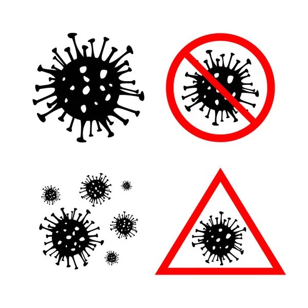 Set dari 4 Dangerous Coronavirus merah dan hitam vektor Ikon. Bakteri 2019-nCoV diisolasi dengan latar belakang putih. Penyakit virus COVID-19 Wuhan corona menandai simbol konsep pandemi STOP. Kesehatan manusia medis - Stok Vektor