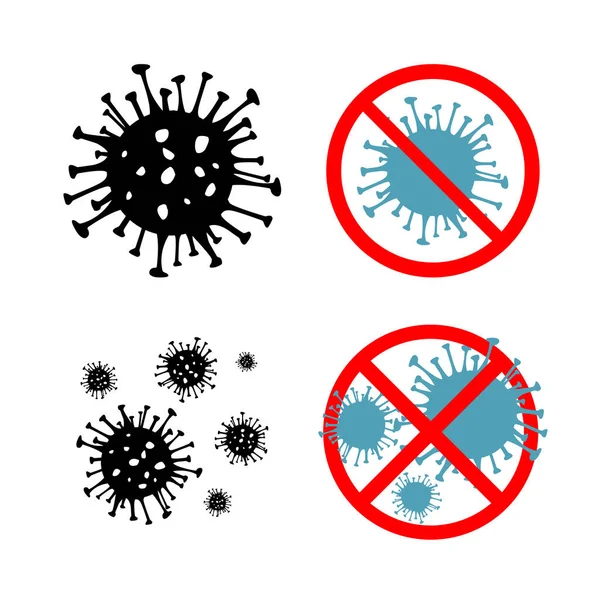 Conjunto de 4 Dangerous Coronavirus vermelho e vetor preto Ícone. 2019-nCoV bactérias isoladas em fundo branco. COVID-19 Wuhan corona vírus doença sinal STOP pandemia conceito símbolo. Saúde humana médica —  Vetores de Stock