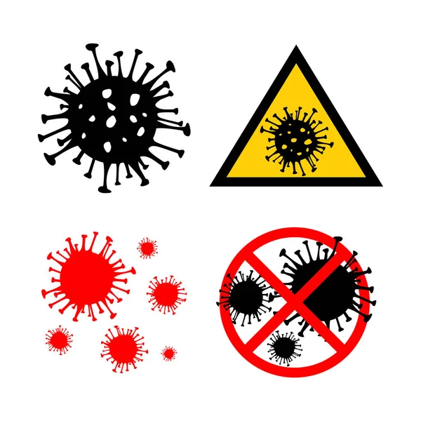 Set von 4 Gefährlichen Coronavirus rot und schwarz Vektor-Symbol. 2019-ncov Bakterien isoliert auf weißem Hintergrund. Covid-19 Wuhan Coronavirus Zeichen Stop pandemic concept symbol. Medizin für den Menschen — Stockvektor