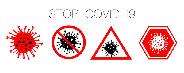 Σύνολο 4 Επικίνδυνο Coronavirus κόκκινο και μαύρο διάνυσμα εικονίδιο. βακτήρια 2019-ncov που απομονώνονται σε λευκό φόντο. Covid-19 Wuhan σύμβολο νόσου του ιού της κορώνας Σταματήστε το σύμβολο έννοια πανδημία. Υγεία του ανθρώπου — Διανυσματικό Αρχείο