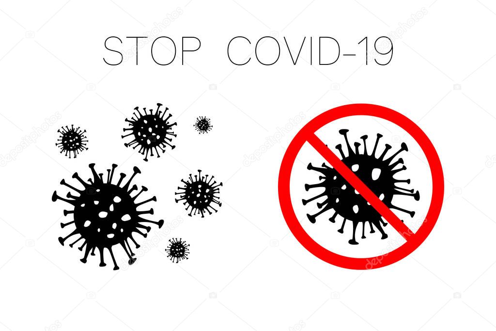 Set of Dangerous Coronavirus red and black vector Icon. 2019-nCoV bacteria isolated on white background. COVID-19 Wuhan corona virus disease sign STOP pandemic concept symbol. Human health and medical