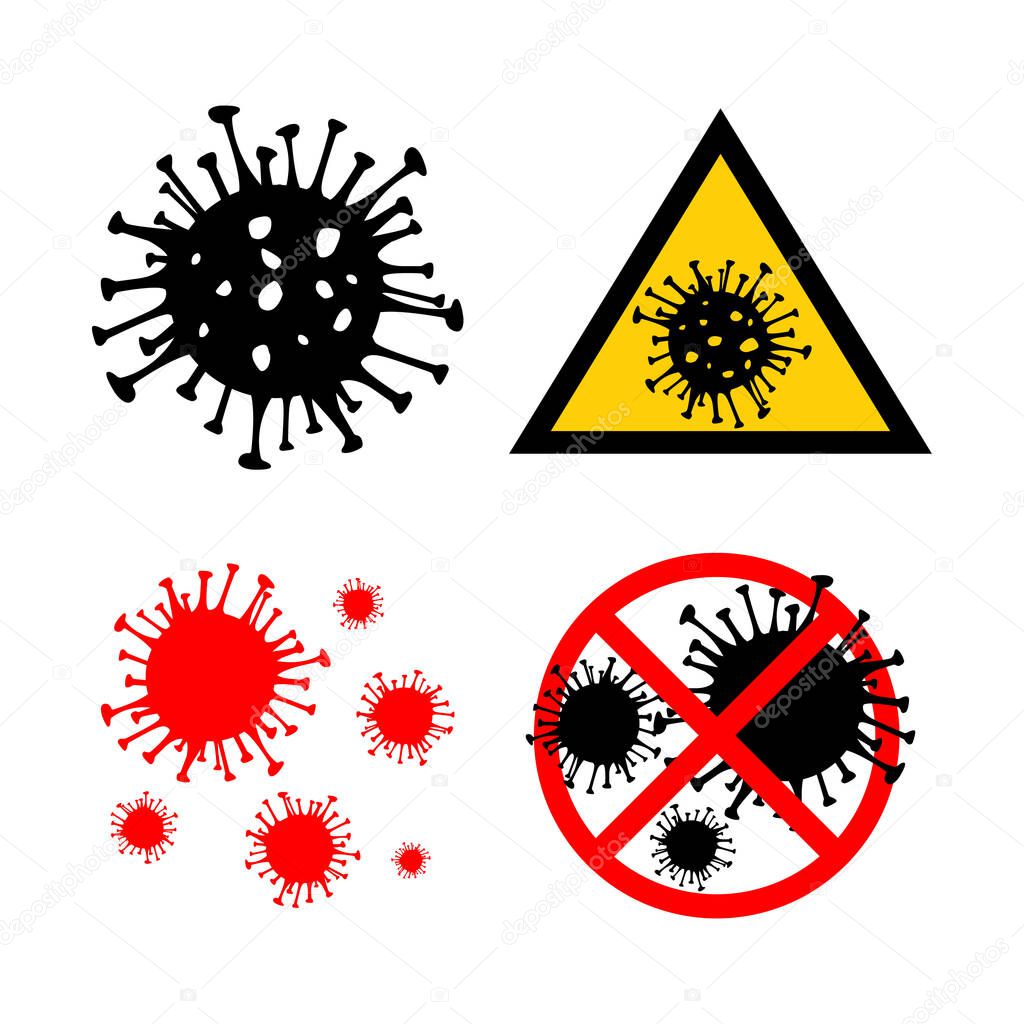 Set of 4 Dangerous Coronavirus red and black vector Icon. 2019-nCoV bacteria isolated on white background. COVID-19 Wuhan corona virus disease sign STOP pandemic concept symbol. Human health medical