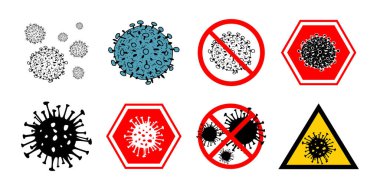 Beyaz arka planda 8 2019 ncov bakteri seti var. Kırmızı daire ikonu olan birkaç Coronavirus. Covid-19 bakteri korona virüsü hastalığı işareti. Sars pandemik konsept sembolü. Salgın. İnsan sağlığı .
