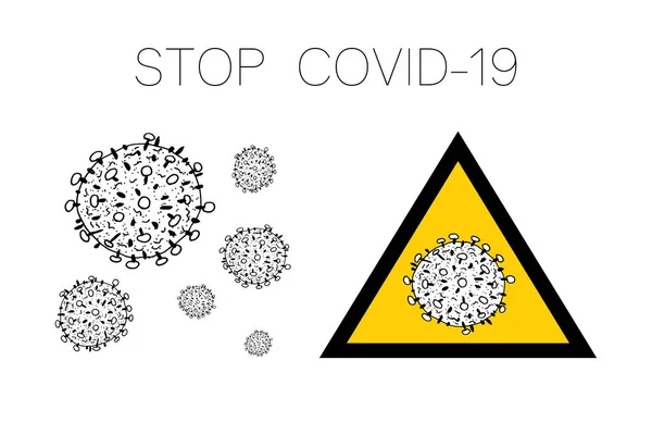 Set bakteri 2019-nCoV diisolasi pada latar belakang putih. Coronavirus pada Ikon vektor segitiga kuning. COVID-19 Bakteri Corona tanda penyakit virus. Simbol konsep pandemi SARS. Pandemi. Kesehatan manusia - Stok Vektor