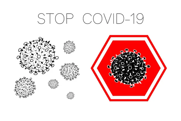 Set bakteri 2019-nCoV diisolasi pada latar belakang putih. Coronavirus hitam dalam merah tanda STOP vektor Ikon. Penyakit virus korona bakteri COVID-19. Simbol konsep pandemi SARS. Pandemi. Kesehatan manusia . - Stok Vektor