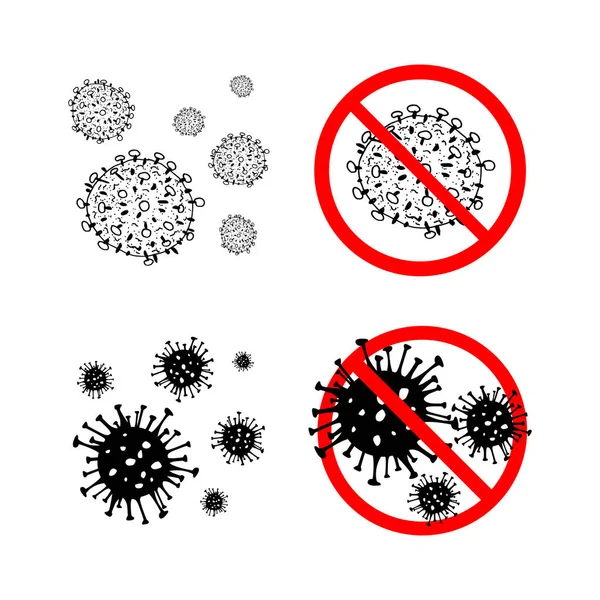 Conjunto de 4 bacterias 2019-nCoV aisladas sobre fondo blanco. pocos Coronavirus en el icono del vector círculo rojo. COVID-19 bacteria corona virus enfermedad signo. SARS símbolo concepto pandémico. Pandemia. Salud humana  . — Vector de stock