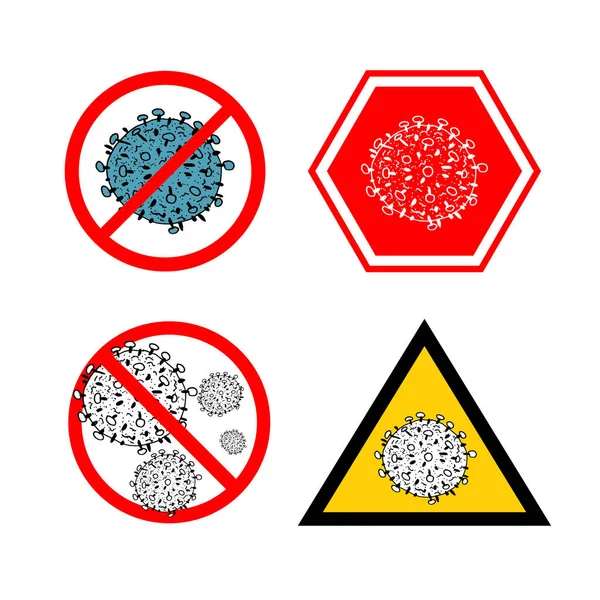 Set bakteri 2019-nCoV diisolasi pada latar belakang putih. Coronavirus pada Ikon vektor segitiga kuning. COVID-19 Bakteri Corona tanda penyakit virus. Simbol konsep pandemi SARS. Pandemi. Kesehatan manusia - Stok Vektor