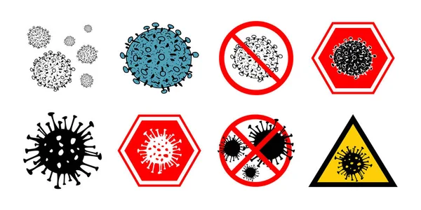 Conjunto de 8 bactérias 2019-nCoV isoladas em fundo branco. poucos Coronavírus em vermelho círculo vetor Ícone. COVID-19 bactéria corona vírus doença sinal. Símbolo de conceito pandémico SARS. Pandemia. Saúde humana  . —  Vetores de Stock