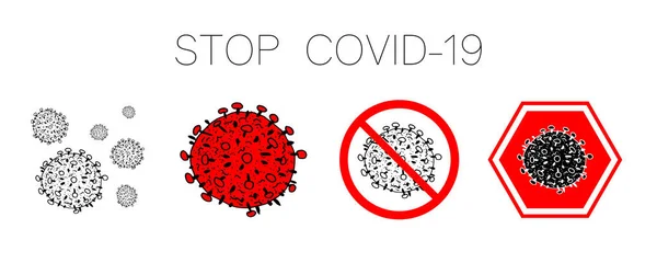Set dari 4 bakteri 2019-nCoV diisolasi pada latar belakang putih. Beberapa Coronavirus dalam lingkaran merah vektor Ikon. COVID-19 Bakteri Corona tanda penyakit virus. Simbol konsep pandemi SARS. Pandemi. Kesehatan manusia  . - Stok Vektor