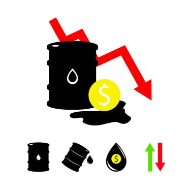 Vektör kümesi 5 işaret yağı. Siyah sembol petrol, dolar parası, beyaz arka planda izole edilmiş. küresel ekonomik kriz. Fıçı silueti ve leke sıvısı. Keşif endüstrisi, Petrokimya