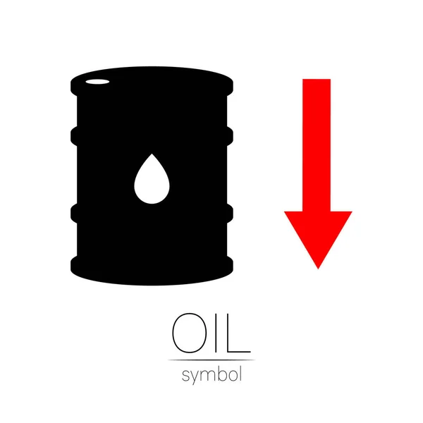 Signo vectorial de aceite. Estadísticas abajo, crisis financiera global. Símbolo negro de petróleo aislado sobre fondo blanco. Silueta de barril y líquido de mancha. Industria de exploración, ilustración . — Vector de stock