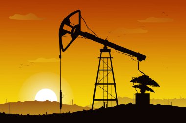 Petrol kuyusu çizimi. Günbatımının arka planında siyah bir siluet. - Evet. Keşif ve petrokimya endüstrisi. Petrol resmi. Peyzaj.