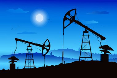 Petrol kuyusu çizimi. Mavi eğimli ay gecesinde siyah siluet. - Evet. Keşif ve petrokimya endüstrisi. Petrol resmi. Peyzaj.