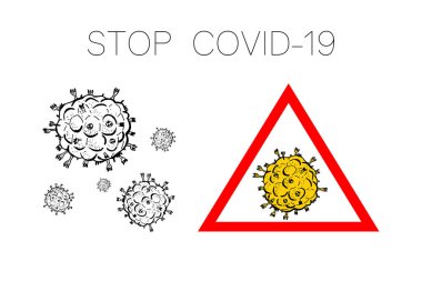 Beyaz arka planda 2019-nCoV bakteri seti var. Kırmızı üçgen ikon vektöründe birkaç Coronavirus. COVID-19 bakteri korona virüsü hastalığı işareti. SARS pandemik konsept sembolü. Salgın. İnsan sağlığı .
