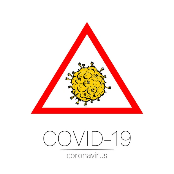 Bakteri 2019-nCoV diisolasi dengan latar belakang putih. Coronavirus dalam Red Triangle Vector Icon. COVID-19 Bakteri Corona tanda penyakit virus. Simbol konsep pandemi SARS. Pandemi. Kesehatan manusia medis - Stok Vektor