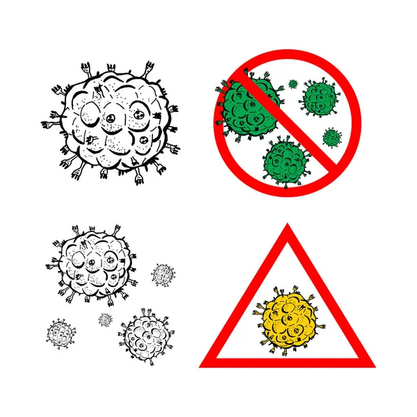 Set dari 4 bakteri 2019-nCoV diisolasi pada latar belakang putih. Beberapa Coronavirus dalam lingkaran merah vektor Ikon. COVID-19 Bakteri Corona tanda penyakit virus. Simbol konsep pandemi SARS. Pandemi. Kesehatan manusia  . - Stok Vektor