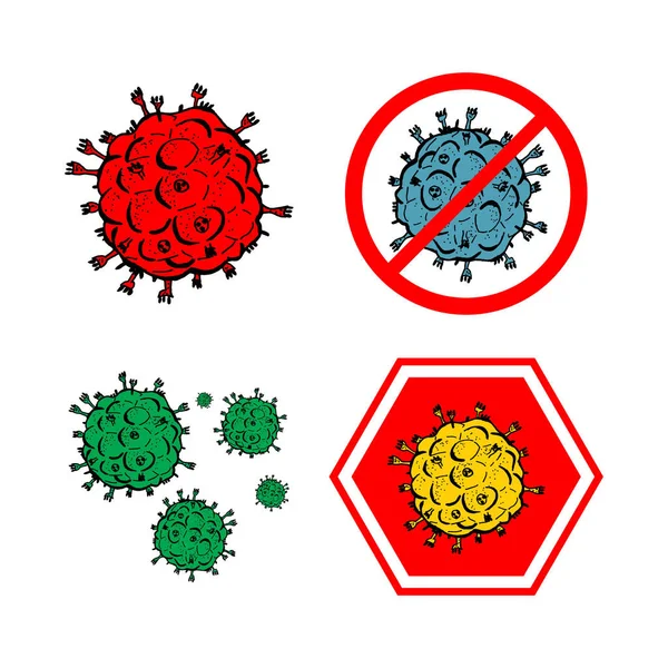 Set dari 4 bakteri 2019-nCoV diisolasi pada latar belakang putih. Beberapa Coronavirus dalam lingkaran merah vektor Ikon. COVID-19 Bakteri Corona tanda penyakit virus. Simbol konsep pandemi SARS. Pandemi. Kesehatan manusia  . - Stok Vektor