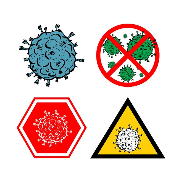 Set dari 4 bakteri 2019-nCoV diisolasi pada latar belakang putih. Beberapa Coronavirus dalam lingkaran merah vektor Ikon. COVID-19 Bakteri Corona tanda penyakit virus. Simbol konsep pandemi SARS. Pandemi. Kesehatan manusia  . - Stok Vektor