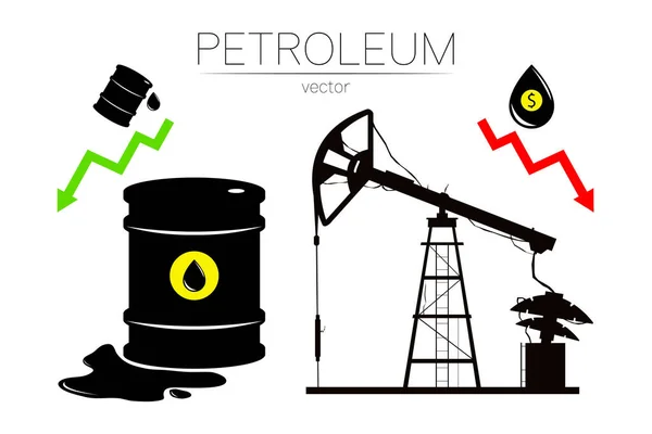 Conjunto de vectores de aceite de 3 signos y plataforma de derrick. Símbolo negro petróleo, dinero en dólares, aislado sobre fondo blanco. crisis financiera mundial. Silueta de barril y líquido de mancha. Industria de exploración , — Vector de stock