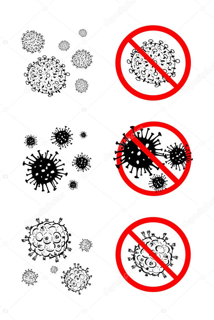 Set of 6 2019-nCoV bacteria isolated on white background. few Coronavirus in red circle vector Icon. COVID-19 bacteria corona virus disease sign. SARS pandemic concept symbol. Pandemic. Human health .
