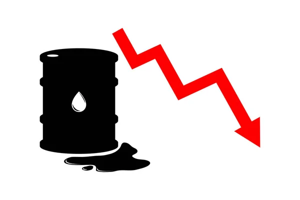 Signo vectorial de aceite. Estadísticas abajo, crisis financiera global. Símbolo negro de petróleo aislado sobre fondo blanco. Silueta de barril y líquido de mancha. Industria de exploración, ilustración . — Archivo Imágenes Vectoriales