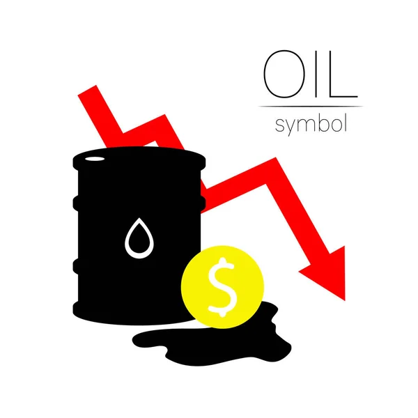 Signo vectorial de aceite. Estadísticas dólar abajo, crisis financiera global. Símbolo negro de petróleo aislado sobre fondo blanco. Silueta de barril y líquido de mancha. Industria de exploración, ilustración . — Archivo Imágenes Vectoriales