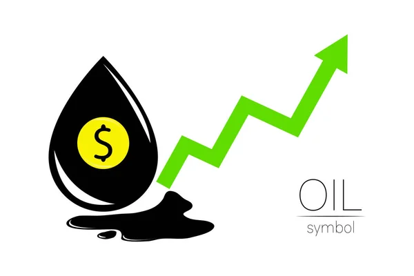 Signe vectoriel d'huile liquide ponctuelle. Statistiques dollar vers le haut, succès financier mondial. Symbole noir pétrole isolé sur fond blanc. Industrie de l'exploration — Image vectorielle