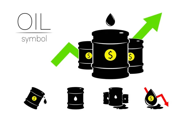 Conjunto vectorial de 5 signos de aceite. Símbolo negro petróleo, dinero en dólares, aislado sobre fondo blanco. crisis financiera mundial. Silueta de barril y líquido de mancha. Industria de exploración, Petroquímica — Vector de stock