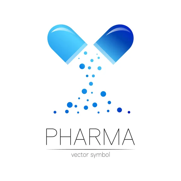 Φαρμακευτικό σύμβολο φορέα για το φαρμακοποιό, το φαρμακείο, το γιατρό και το φάρμακο. Σύγχρονη σχεδιασμό vector λογότυπο σε λευκό φόντο. Φαρμακευτικό μπλε εικονίδιο λογότυπο δισκίο κάψουλα χάπι. Βιομηχανία της υγείας — Διανυσματικό Αρχείο