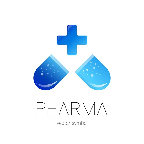 Σύμβολο διάνυσμα φαρμακείου με μπλε σταυρό για φαρμακοποιό, φαρμακείο, γιατρό και φάρμακο. Σύγχρονη σχεδιασμό vector λογότυπο σε λευκό φόντο. Φαρμακευτικό εικονίδιο logotype δισκίο κάψουλα χάπι. Υγεία — Διανυσματικό Αρχείο