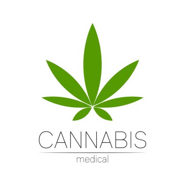İlaç ve doktor için kenevir vektör logosu. Tıbbi marihuana sembolü. Sağlık için bitki ve yaprak içeren ilaçlar. Yeşil bitkinin konsept işareti. Beyaz üzerine yeşil renk.