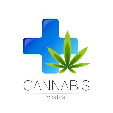 İlaç ve doktor için kenevir vektör logosu. Tıbbi marihuana sembolü. Sağlık için bitki ve yaprak içeren ilaçlar. Yeşil bitkinin konsept işareti. Beyaz üzerine yeşil renk. Çapraz simge