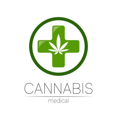 İlaç ve doktor için kenevir vektör logosu. Tıbbi marihuana sembolü. Sağlık için bitki ve yaprak içeren ilaçlar. Yeşil bitkinin konsept işareti. Yeşil renk haç ve beyaz üzerinde daire