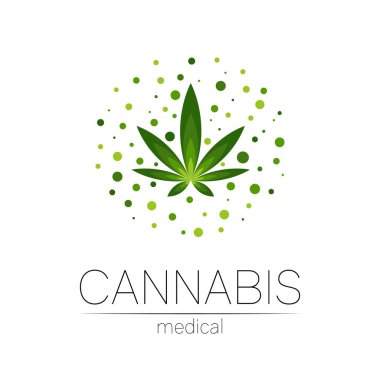 İlaç ve doktor için kenevir vektör logosu. Tohumlu tıbbi marihuana sembolü. Sağlık için bitki ve yaprak içeren ilaçlar. Yeşil bitkinin konsept işareti. Beyaz üzerine yeşil renk.