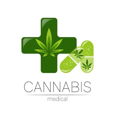 İlaç ve doktor için çapraz vektör logoti içeren tablet hap kapsülünde esrar var. Tıbbi marihuana sembolü. Sağlık için bitki ve yaprak içeren ilaçlar. Yeşil bitkinin konsept işareti. Yeşil