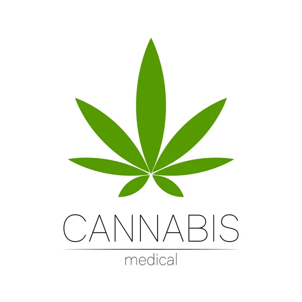 İlaç ve doktor için kenevir vektör logosu. Tıbbi marihuana sembolü. Sağlık için bitki ve yaprak içeren ilaçlar. Yeşil bitkinin konsept işareti. Beyaz üzerine yeşil renk.