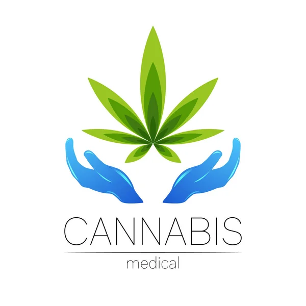 用于药物和医生的大麻病媒标识类型。医用大麻符号。药用植物和叶子促进健康。绿色草本植物的概念标志。白色的绿色。蓝人类的手 — 图库矢量图片