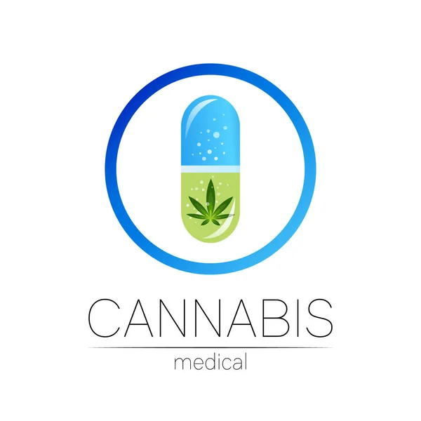 药片胶囊中的大麻，药物和医生用圆形病媒标志。医用大麻符号。药用植物和叶子促进健康。绿色草本植物的概念标志。蓝调 — 图库矢量图片