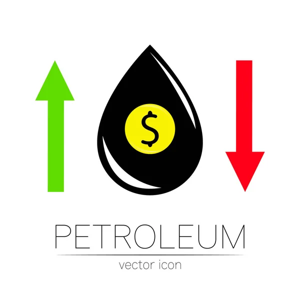 Signo vectorial de aceite líquido puntual. Estadísticas dólar arriba y abajo, crisis financiera global. Símbolo negro de petróleo aislado sobre fondo blanco. Industria de exploración — Vector de stock